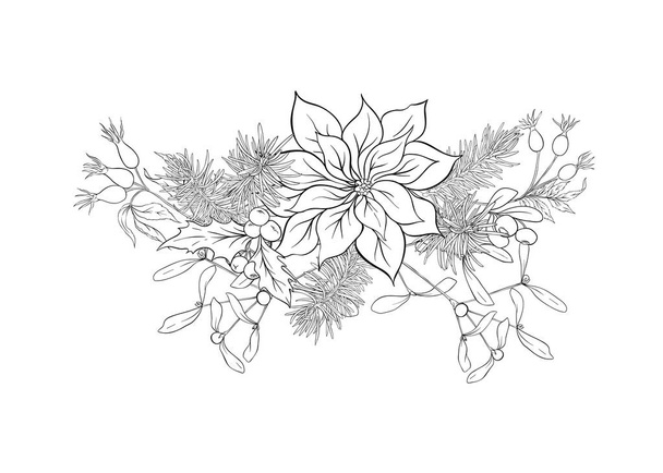 Christmas decoration, a wreath made of fir branches, puancetti, pine, holly, mistletoe, dog rose. Isolated on white background. Outline hand drawing vector illustration - Wektor, obraz