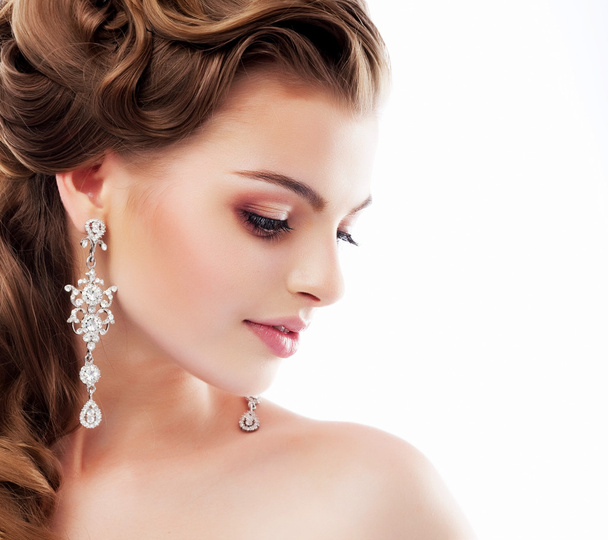 Pure Beauty. Aristocratic Profile of smiling Lady with Glossy Diamond Earrings. Femininity & Sophistication - Foto, Imagen