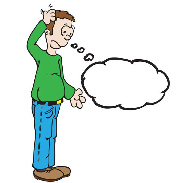 Mann mit Gedankenblase kratzt sich am Kopf Karikatur - Vektor, Bild