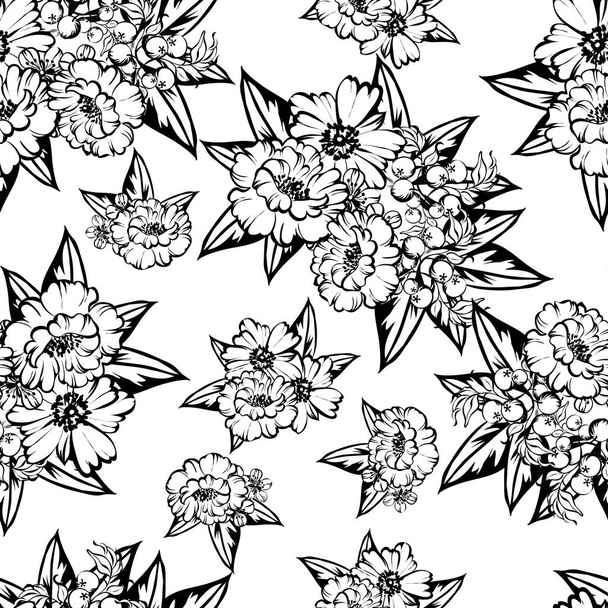 Seamless vintage style flower pattern. Floral elements in black and white. - Vettoriali, immagini