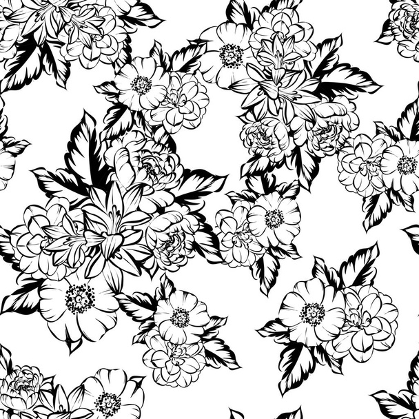 Seamless vintage style flower pattern. Floral elements in black and white. - Vector, Imagen