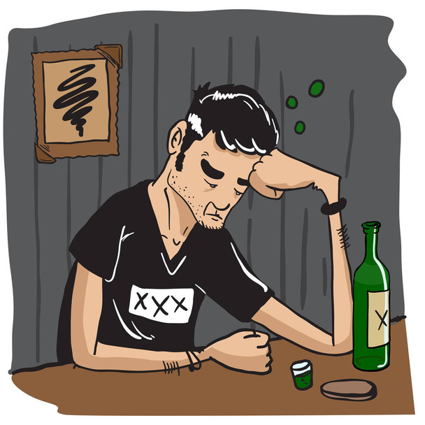 trieste man drinken in een bar cartoon afbeelding - Vector, afbeelding