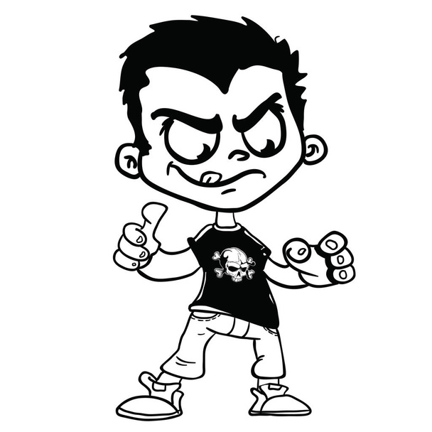 злой мальчик с футболкой с черепом иллюстрации мультфильма изолированы на белом
 - Вектор,изображение