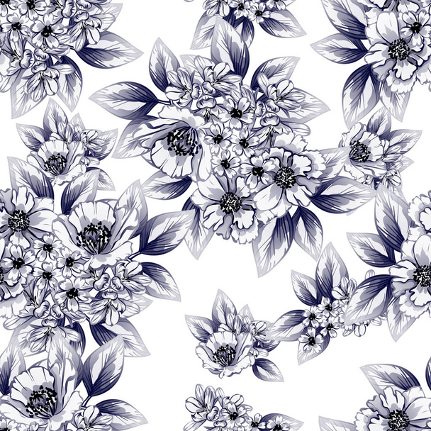 Seamless vintage style monochrome colored flower pattern. Floral elements. - Wektor, obraz