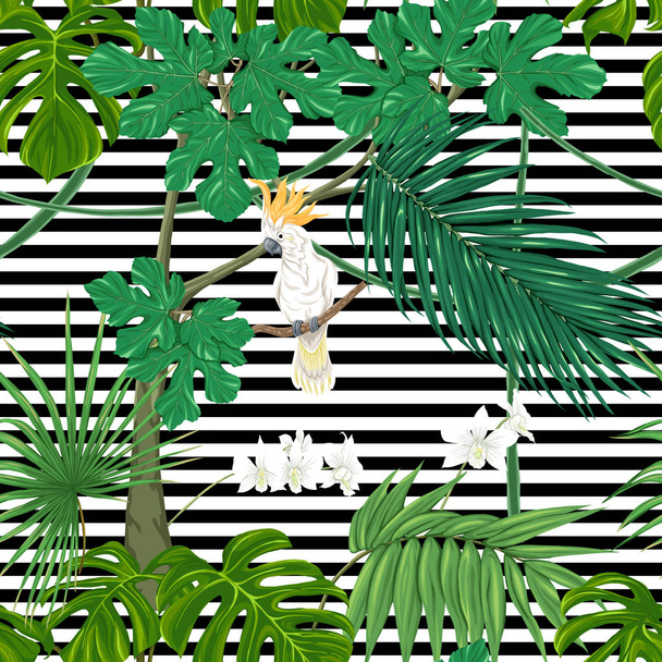 Seamless pattern, background. with tropical plants and flowers with white orchid and tropical birds On black-and-white stripes background. Colored vector illustration without gradients and transparency.  - Vector, Image