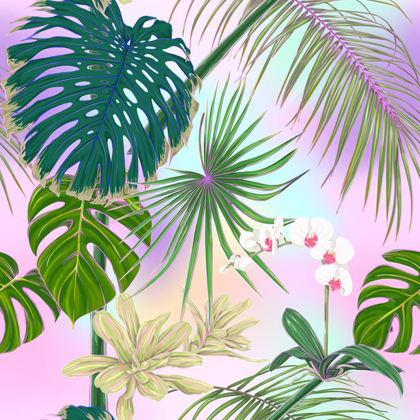 Тропические растения и белые цветы орхидеи. Бесшовный рисунок, фон. Цветные векторные иллюстрации в светлых ультрафиолетовых пастельных тонах на сетке розовый, синий фон
 - Вектор,изображение