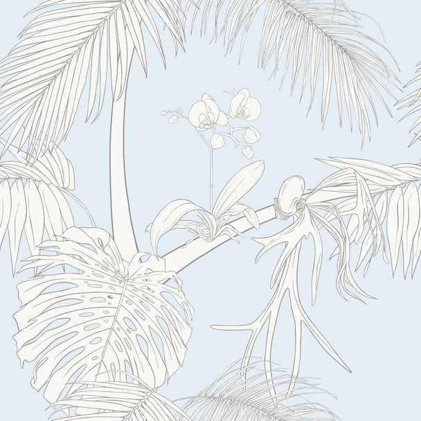 Tropical plants and white orchid flowers. Seamless pattern, background. Outline drawing vector illustration. In vintage blue and beige colors. - Vector, Image