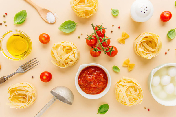 top view of Italian cooking Ingredients on bright background - Photo, Image