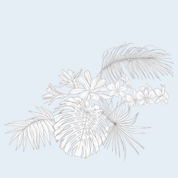 Een samenstelling van tropische planten, palm bladeren, monsters en witte orchideeën In botanische stijl. Overzicht hand tekenen van vectorillustratie. In vintage blauw en beige kleuren. - Vector, afbeelding