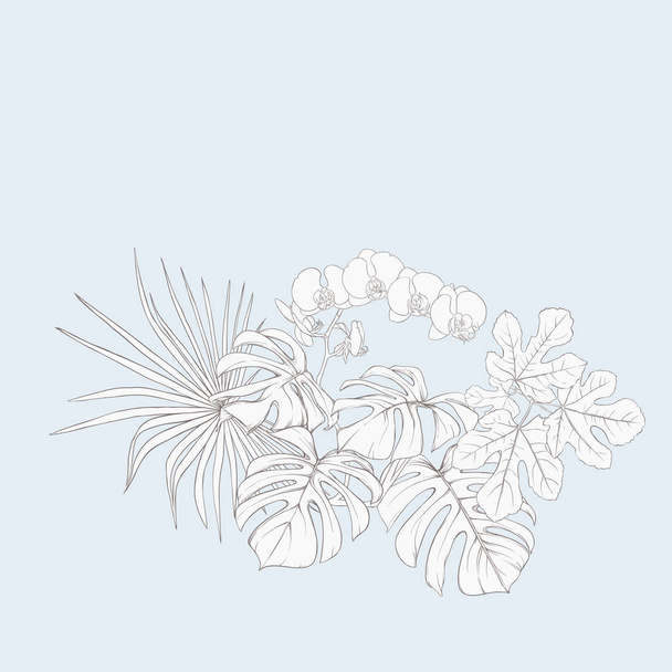 A composition of tropical plants, palm leaves, monsters and white orchids In botanical style. Outline hand drawing vector illustration.  In vintage blue and beige colors. - Вектор, зображення