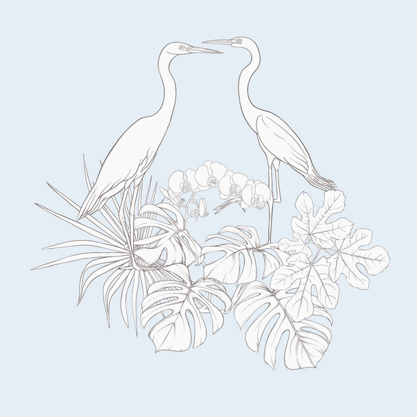 A composition of tropical plants, palm leaves, monsters and white orchids with white heron In botanical style. Outline hand drawing vector illustration.  In vintage blue and beige colors. - Vecteur, image
