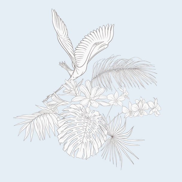 A composition of tropical plants, palm leaves, monsters and white orchids with white heron In botanical style. Outline hand drawing vector illustration.  In vintage blue and beige colors. - Вектор,изображение