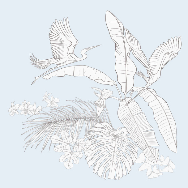A composition of tropical plants, palm leaves, monsters and white orchids with white heron In botanical style. Outline hand drawing vector illustration.  In vintage blue and beige colors. - Vector, imagen