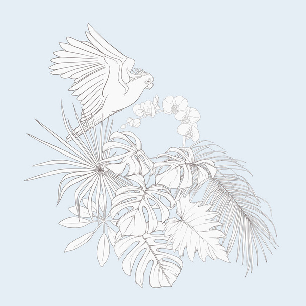 A composition of tropical plants, palm leaves, monsters and white orchids with cockatoo parrot In botanical style. Outline hand drawing vector illustration.  In vintage blue and beige colors. - Vector, afbeelding