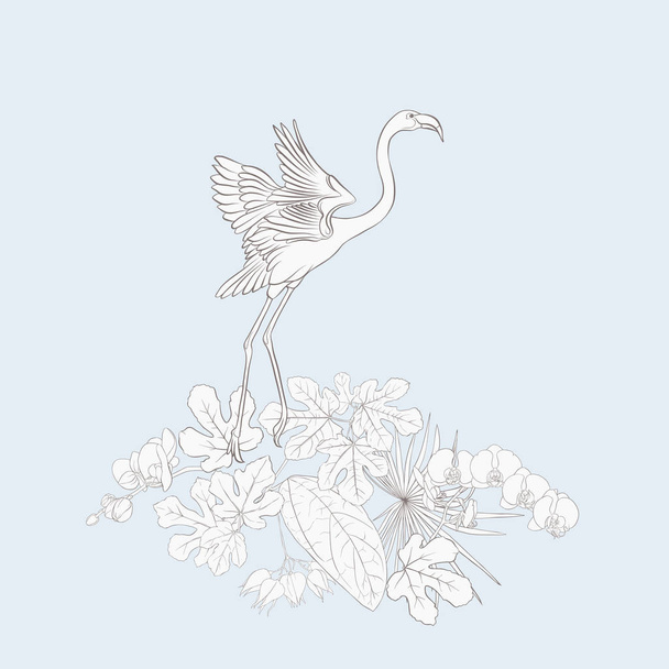 A composition of tropical plants, palm leaves, monsters and white orchids with flamingo In botanical style/ Outline hand drawing vector illustration.  In vintage blue and beige colors. - Vettoriali, immagini