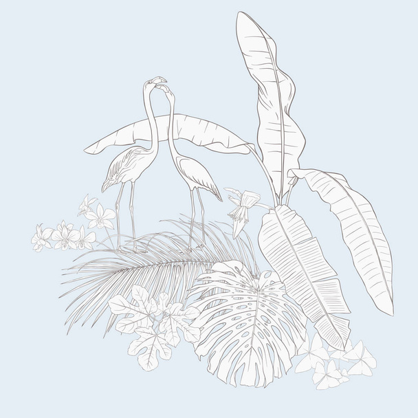 A composition of tropical plants, palm leaves, monsters and white orchids with flamingo In botanical style/ Outline hand drawing vector illustration.  In vintage blue and beige colors. - Вектор, зображення