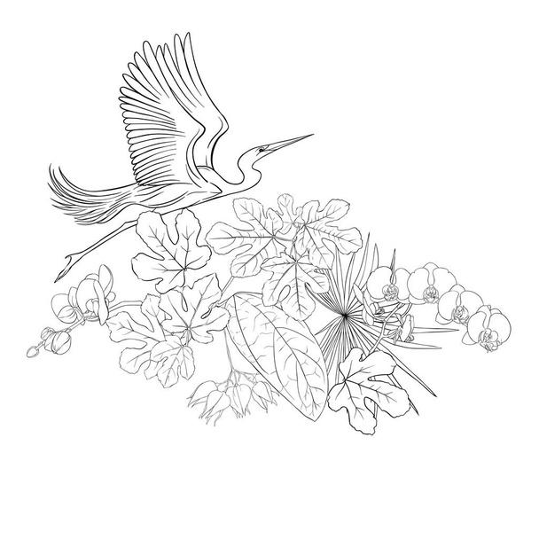 A composition of tropical plants, palm leaves, monsters and white orchids with white heron In botanical style. Outline hand drawing vector illustration. Isolated on white background. - Vettoriali, immagini