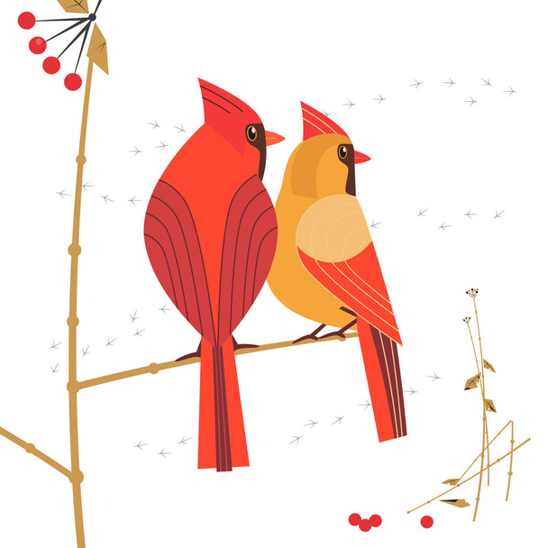 Birdwatching icon. Red Northern cardinal couple comic flat cartoon. Winter birds of backyard, city garden. Minimal simple stylized bird design. Wildlife scavenger hunt banner sign. Vector illustration - ベクター画像