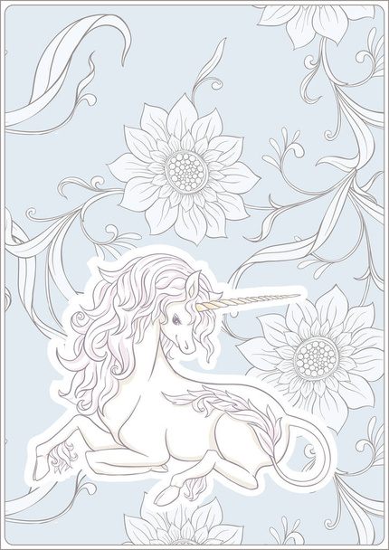 Unicorn and fantastic vintage flowers. Vector illustration. In art nouveau style, vintage, old, retro style In vintage blue and beige colors. - Vettoriali, immagini