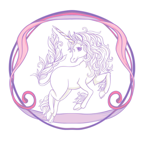 Unicorn and fantastic vintage frame and flowers. Vector illustration. In art nouveau style, vintage, old, retro style In light ultra violet pastel colors on white background. - Вектор, зображення