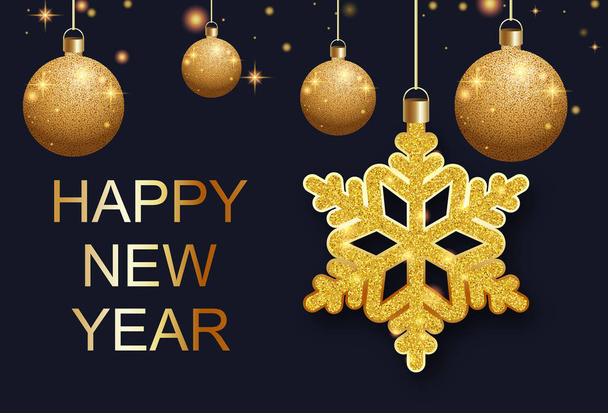 Happy New Year greeting card with gold shiny Christmas balls and - Διάνυσμα, εικόνα