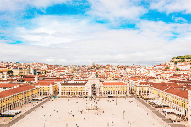 Aerial view of the Lisbon old town center with main street going straight to the Commerce square by the bay. - Photo, image