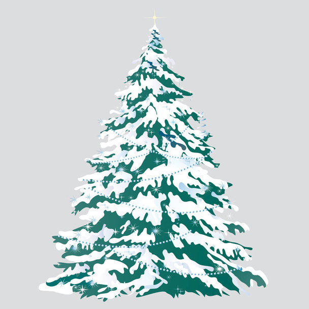 Kerstboom met sneeuw bedekte takken geïsoleerd op een grijze achtergrond. Schets voor wenskaart, feestelijke poster of uitnodigingen voor een feest. Kenmerken van Kerstmis en Nieuwjaar. Vector cartoon close-up. - Vector, afbeelding