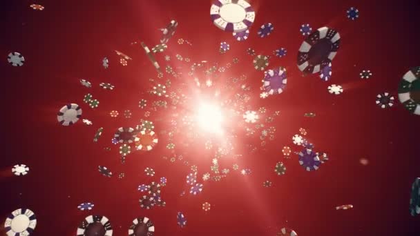 Flying casino chips in camera in slow motion with rays of light on a red background, seamless loop animation - Footage, Video