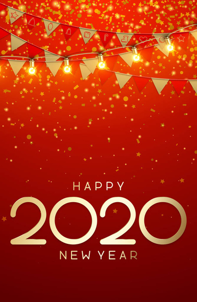 Carta felice anno nuovo rosso 2020 con bandiere di carta, luci decorative
 - Vettoriali, immagini