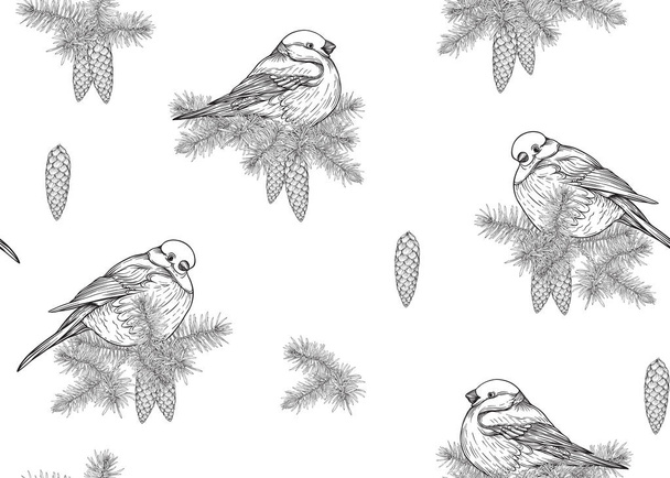 Seamless pattern, background with bullfinch on a branch of a coniferous tree.  Graphic drawing, engraving style. vector illustration. - Vettoriali, immagini