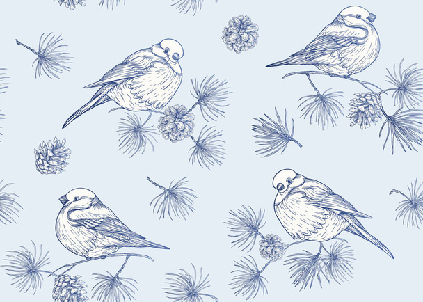 Seamless pattern, background with bullfinch on a branch of a coniferous tree.  Graphic drawing, engraving style. vector illustration. - Vector, Image