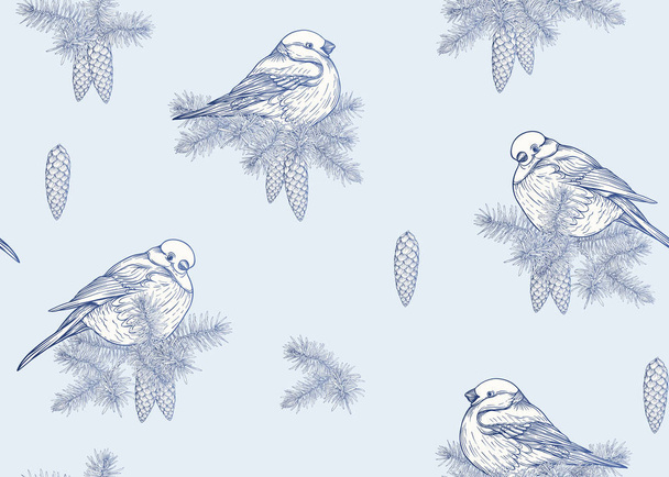 Seamless pattern, background with bullfinch on a branch of a coniferous tree.  Graphic drawing, engraving style. vector illustration. - Вектор, зображення