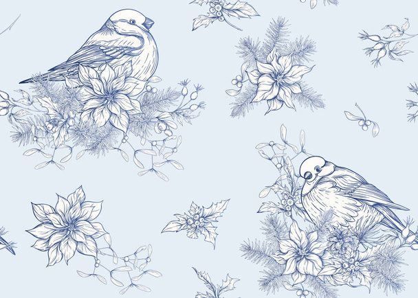 Seamless pattern, background with bullfinch on a branch of a coniferous tree.  Graphic drawing, engraving style. vector illustration. - Vecteur, image
