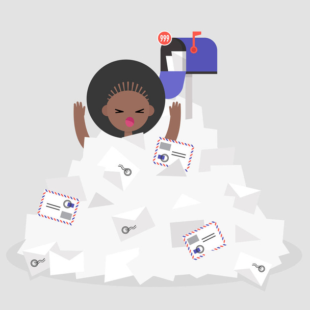 Troubles at work. Young female black character drowning in a pile of unread mails. Communication problems. Flat editable vector illustration, clip art - Vector, Imagen