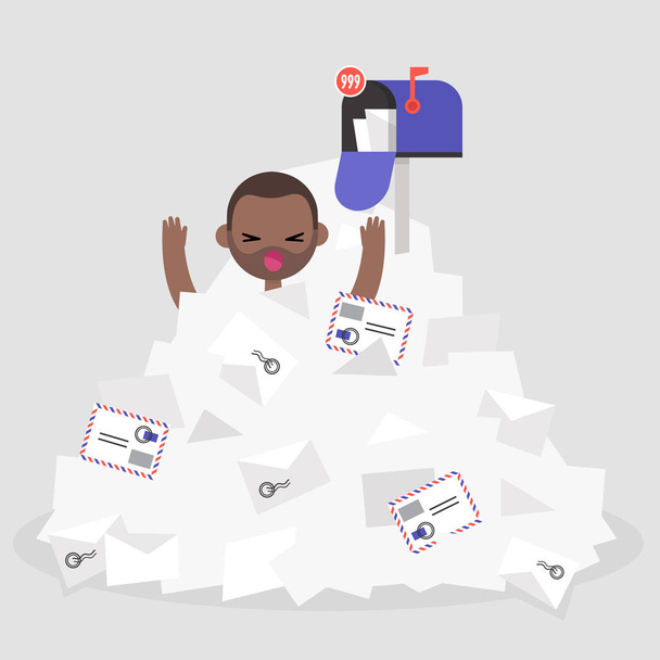 Troubles at work. Young black character drowning in a pile of unread mails. Communication problems. Flat editable vector illustration, clip art - Vector, Image
