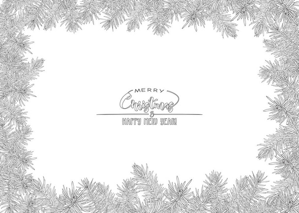 Κλαδιά έλατου. Πρότυπο για ευχετήρια κάρτα για χαρούμενα Χριστούγεννα και Πρωτοχρονιά, πρόσκληση ή πώληση banner, δωροεπιταγή. Απομονωμένα σε λευκό φόντο. Περίγραμμα χέρι σχέδιο εικονογράφηση διάνυσμα - Διάνυσμα, εικόνα