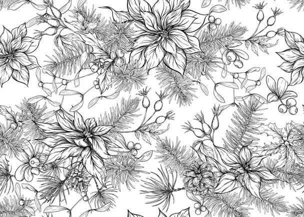 Seamless pattern, background with green Fir Branches and red flowers and berries, Christmas decoration.  Graphic drawing, engraving style. vector illustration. - Vektori, kuva