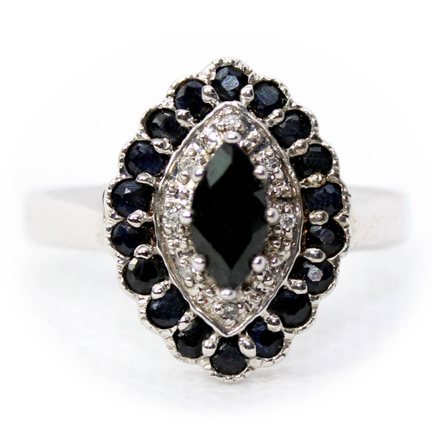 dunkelblauer Saphirring oval & rd 1,30ct & .02ctw runder Diamant-Akzent .925 Sterling Silber Größe 6 neu - Foto, Bild
