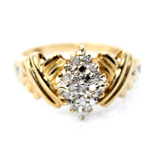 YELLOW GOLD RING! 10KT Yellow Gold .20ct XX Design Round Diamond Marquise Cluster RING Size 7 NEW!  - Photo, Image