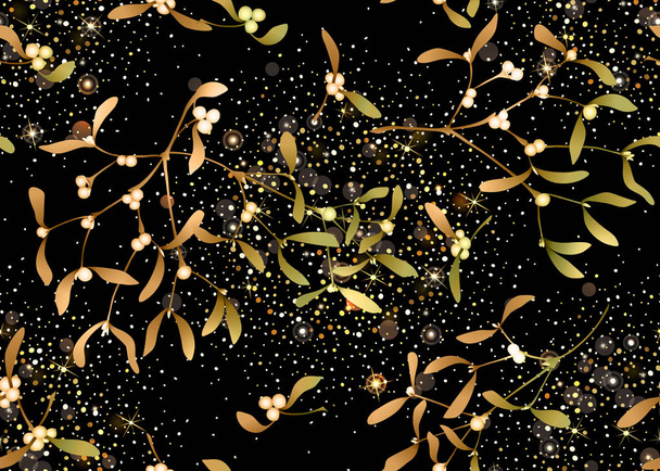 Seamless pattern, background with the branches of mistletoe. Isolated on black background. Vector illustration in gold colors.  - Vector, imagen