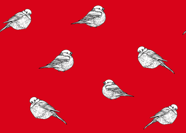Seamless pattern, background with Bullfinch. Vector illustration. On red background - Vector, Image
