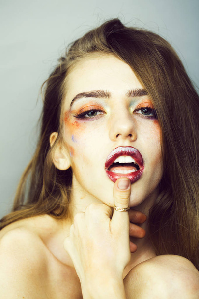 Girl with orange makeup closeup - Foto, Imagen