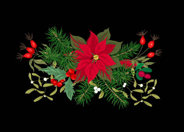 Christmas decoration, a wreath made of fir branches, puancetti, pine, holly, mistletoe, dog rose. Isolated on black background. Colored vector illustration - Vecteur, image