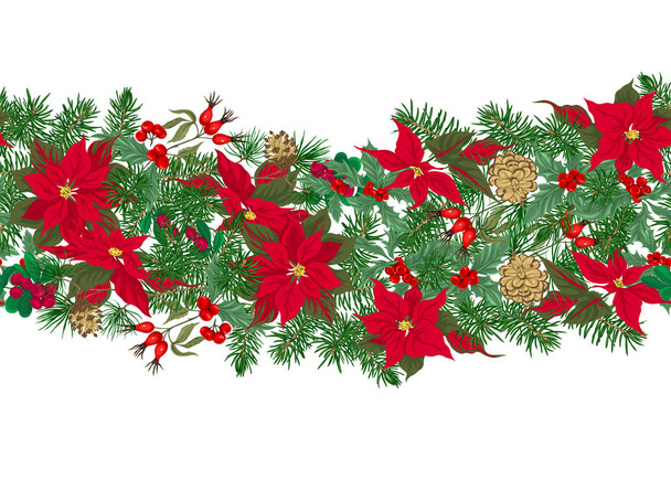 Seamless pattern, background with green Fir Branches and red flowers and berries, Christmas decoration. Colored vector illustration - Vector, Image