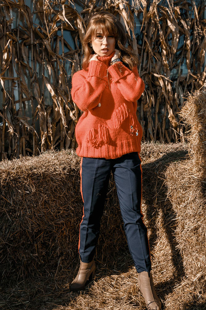 Young woman near corn. beautiful girl in the village. Autumn. - Fotó, kép