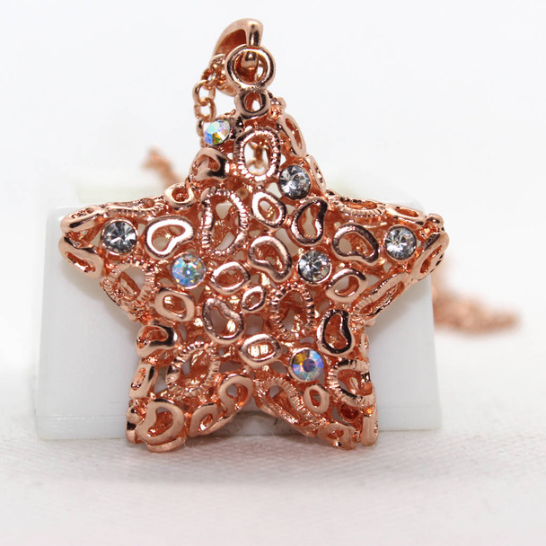 Rose Tone Crystal Wire Form Metal Starfish Pendant Necklace - Photo, Image