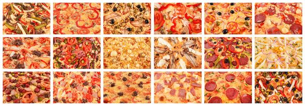Big set of pizzas close-up, selective focus, macro - Photo, Image