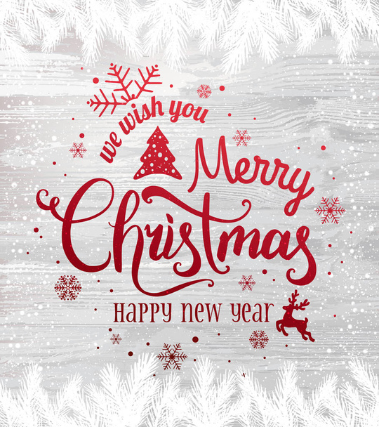 Різдво і Новий рік типографічний на дерев'яному тлі з зимовими ялиновими гілками зі сніжинками, світлом, зірками. Різдвяна листівка. Векторна ілюстрація
 - Вектор, зображення