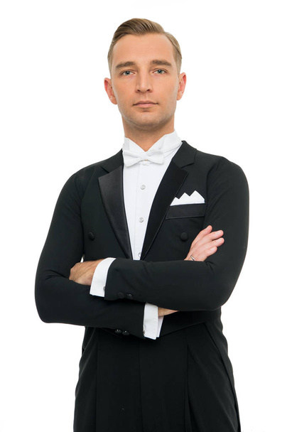 man in tuxedo. Confident attractive handsome young ballroom dancer man in tuxedo isolated on white background. - Фото, зображення