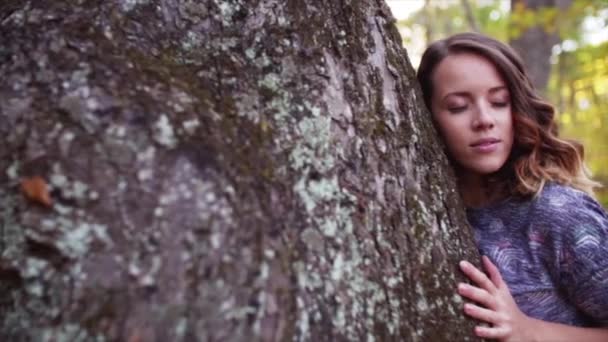 Sliding view of beautiful woman hugging large tree with a blissful expression and her eyes closed. Autumn forest - Materiał filmowy, wideo